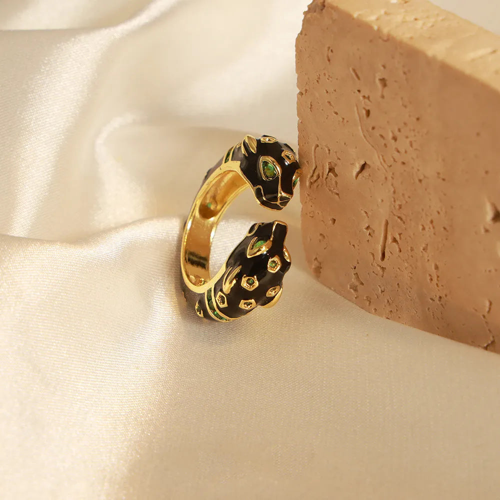 Women's black cheetah open ring in geometric shape with no.7 size electroplated copper construction