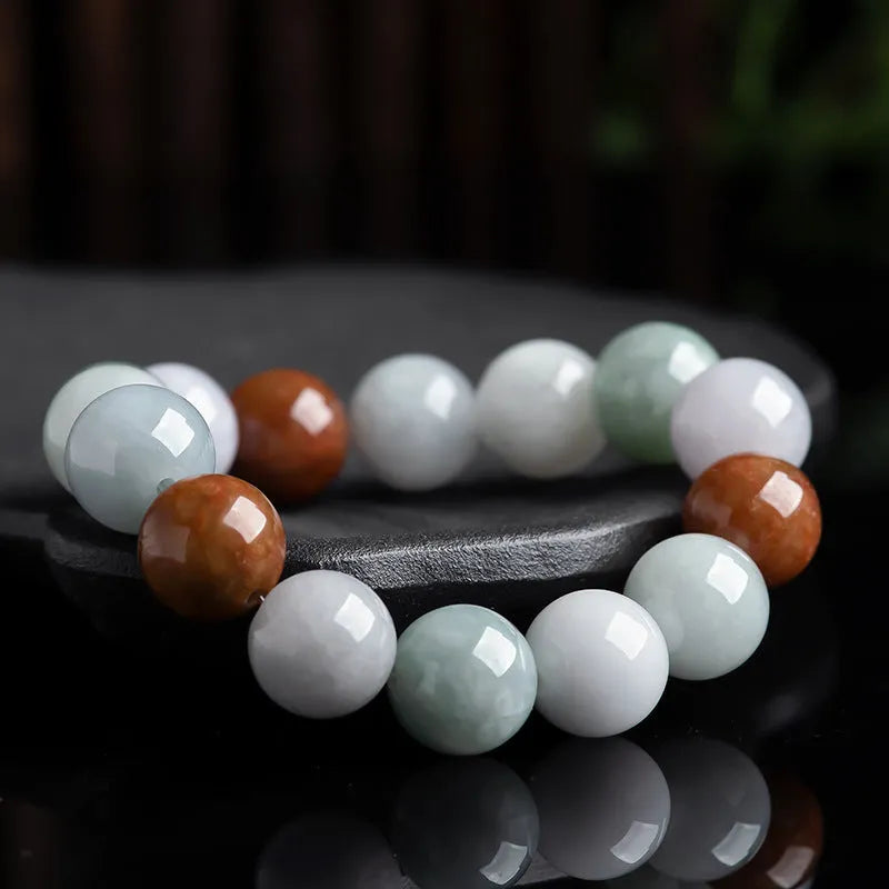 Natural Myanmar jade three-colour bracelet with 13mm round beads and national style design