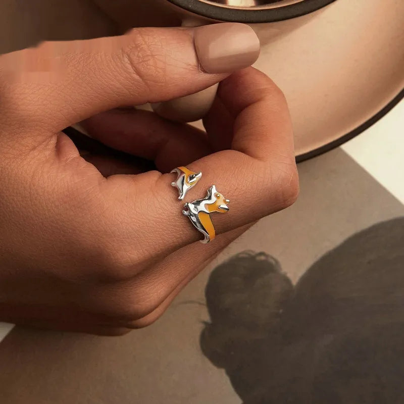 Silver cartoon corgi pet ring with electroplated finish for women's wear