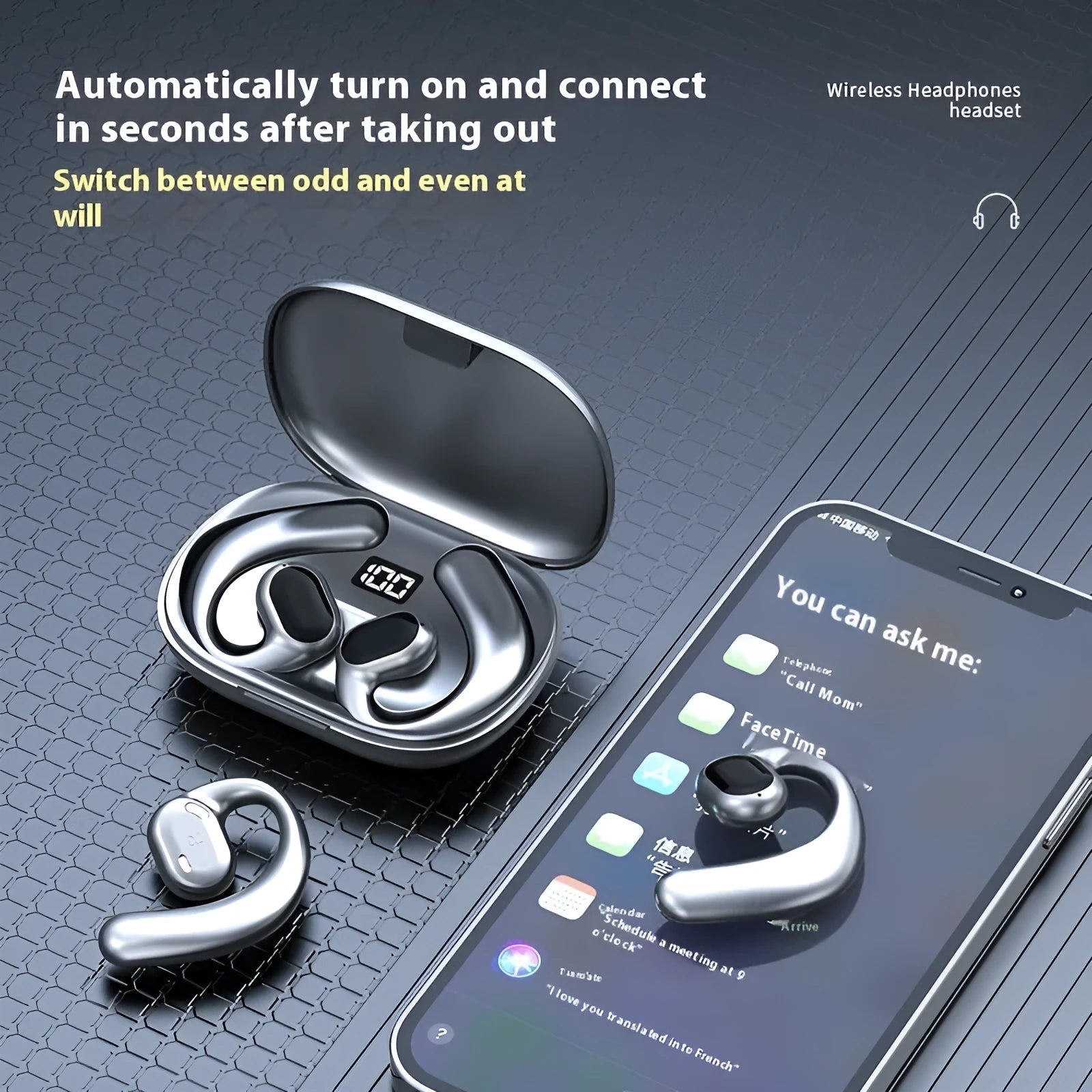 Ear-mounted Bluetooth headset with bone conduction technology and digital display screen in black colour
