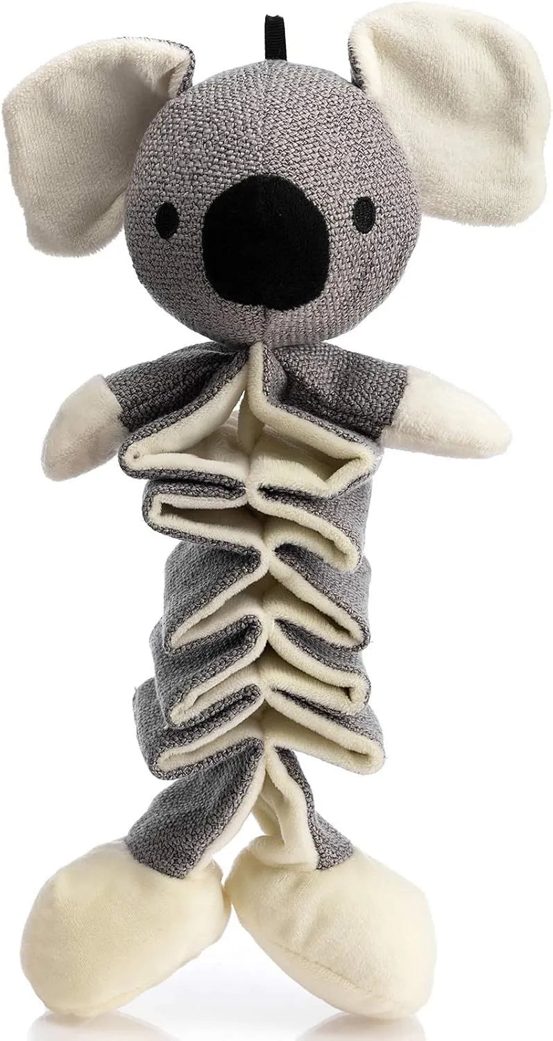 Grey koala dog chew toy with squeaker and crinkle paper, measuring 30cm long.
