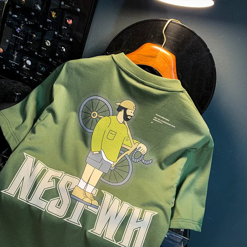 Green loose fit men's t-shirt with a printed literary design on the front
