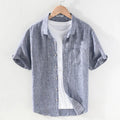 Men's linen square collar short sleeve shirt in raw jute colour on hanger