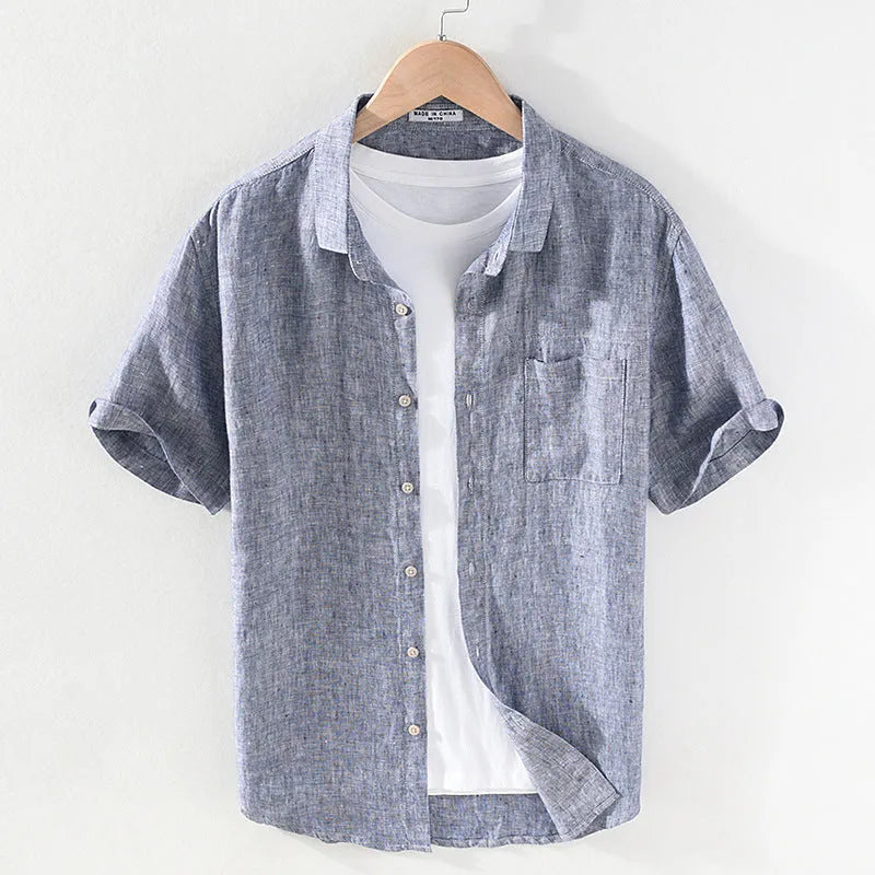 Men's linen square collar short sleeve shirt in raw jute colour on hanger