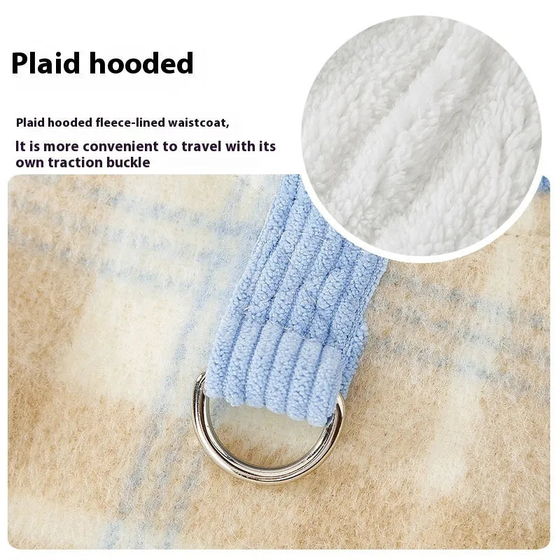 Blue corduroy dog hoodie vest with chessboard grid pattern and attached traction hood.