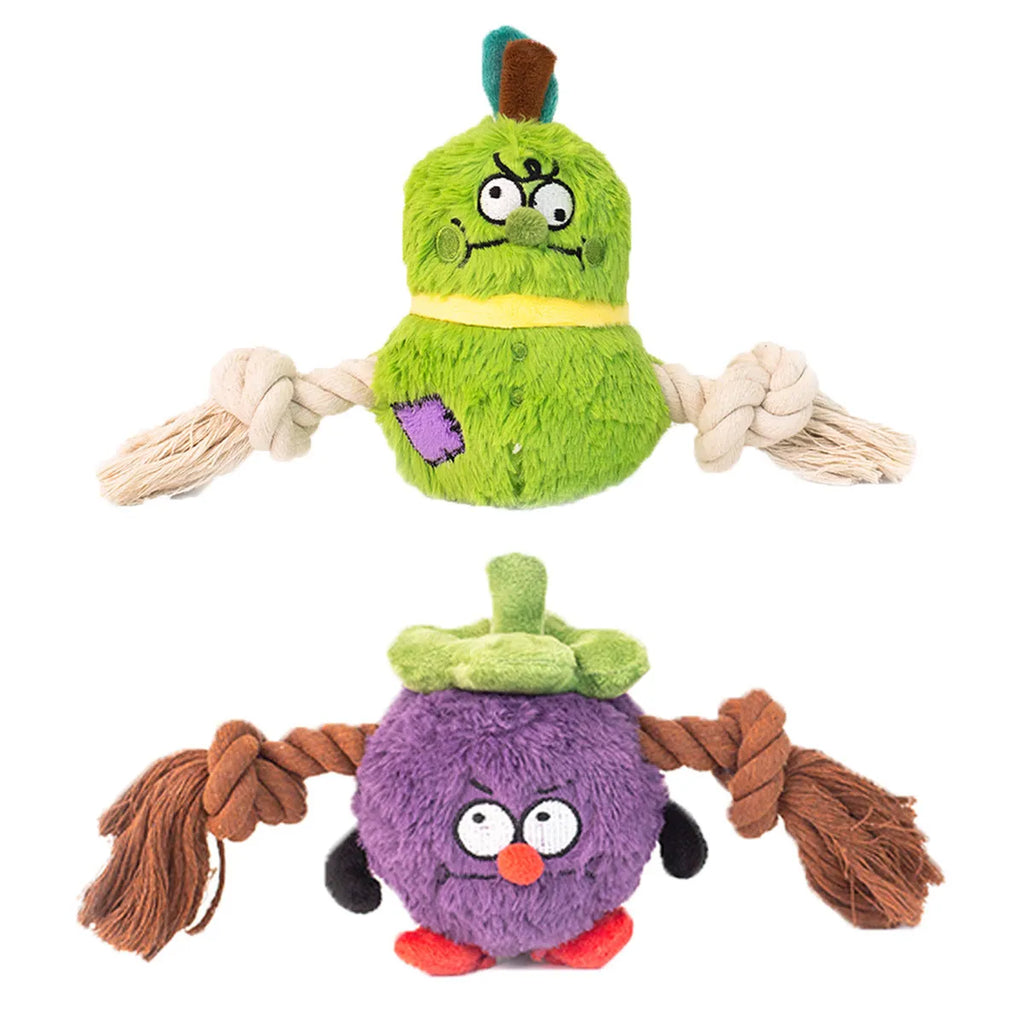 Green and purple interactive dog plush rope knot tug-of-war toy with molar teeth