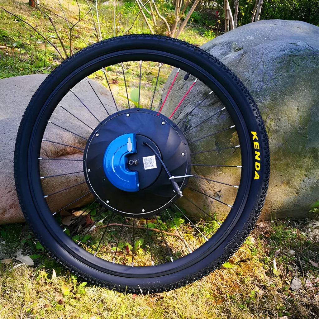 Yunzhilun bicycle electric conversion kit showing alloy hub motor, lithium battery pack, and charger for 26-inch wheels.