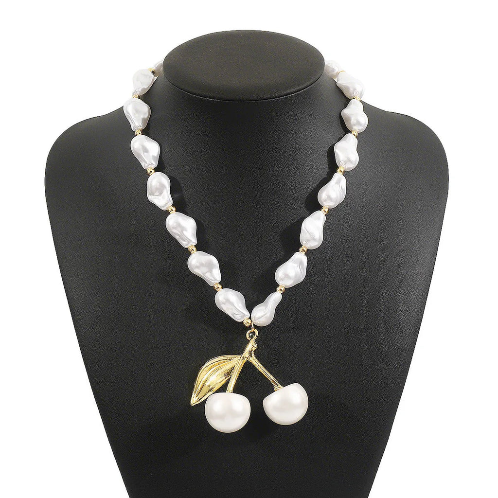 Women's creative necklace with irregular cherry pendant and imitation pearls on adjustable alloy chain