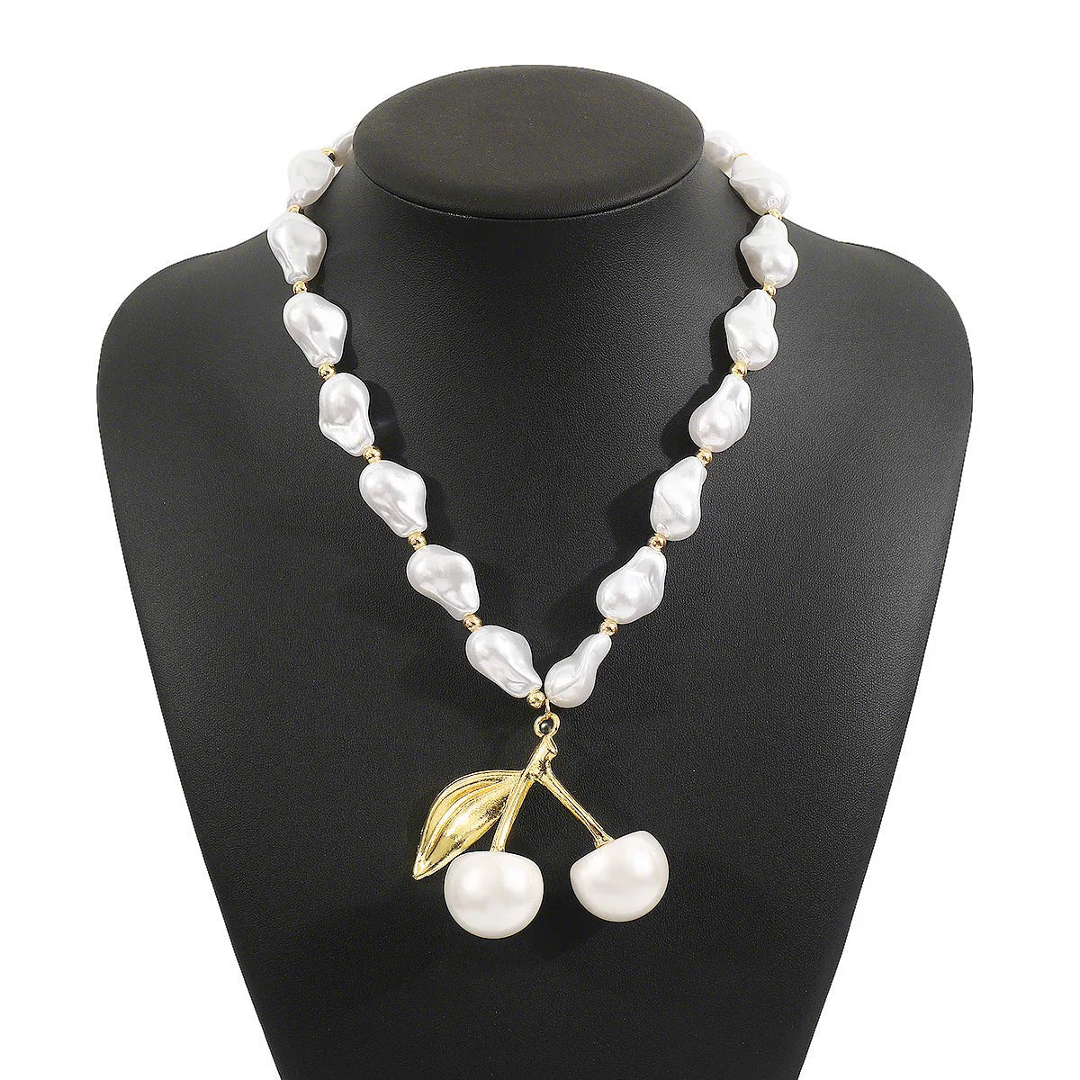 Women's creative necklace with irregular cherry pendant and imitation pearls on adjustable alloy chain