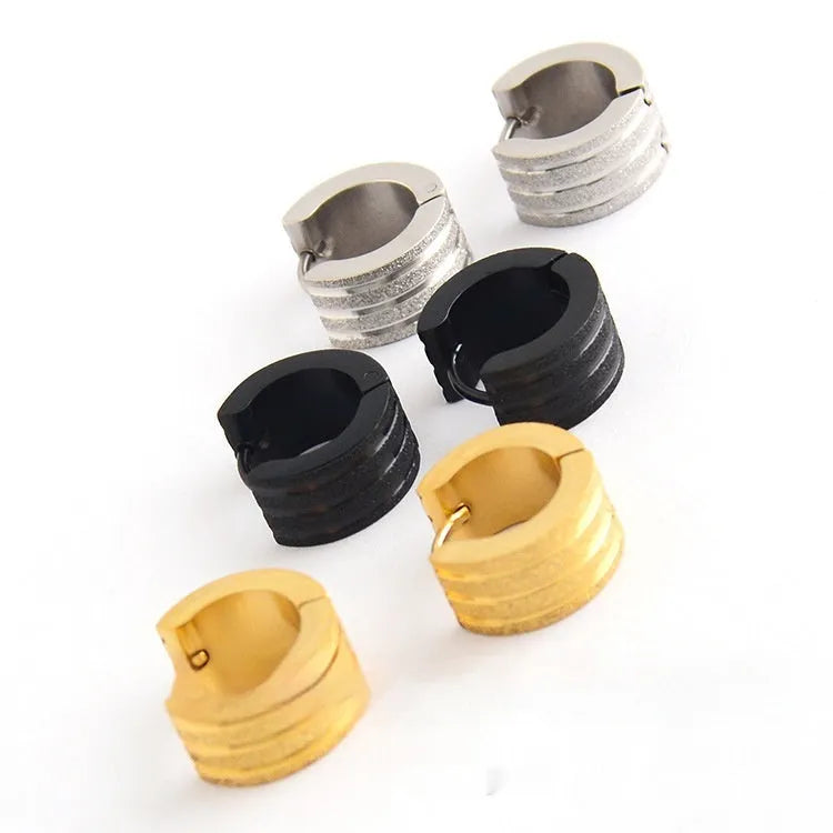 Geometric three-line frosted titanium steel earrings in steel, black, or gold colour options