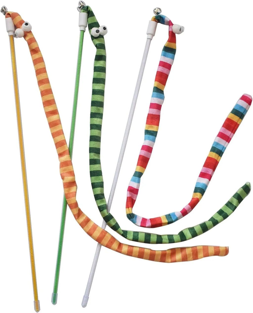 Colourful cat teaser wand with a long plush strip and bell on a polycarbonate pole.