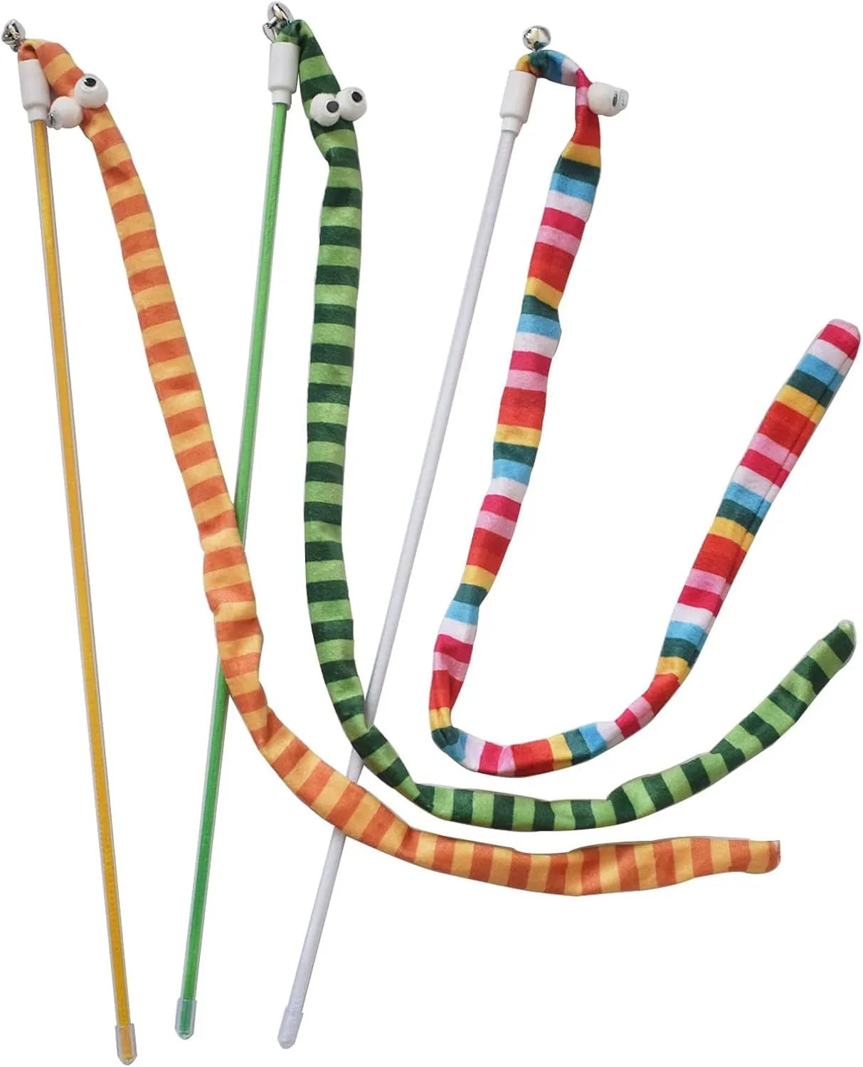 Colourful cat teaser wand with a long plush strip and bell on a polycarbonate pole.