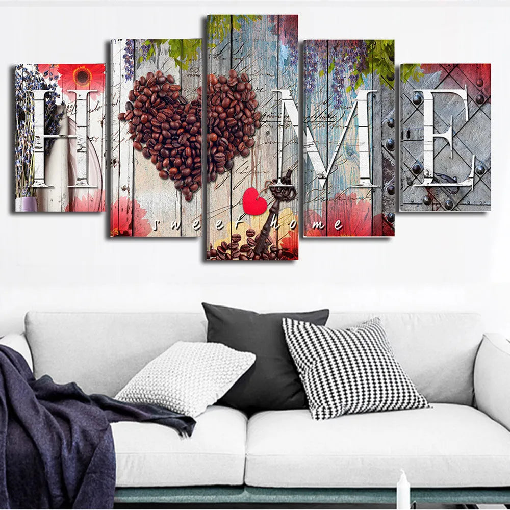 Red oil painting canvas wall art set with five pieces in varying sizes