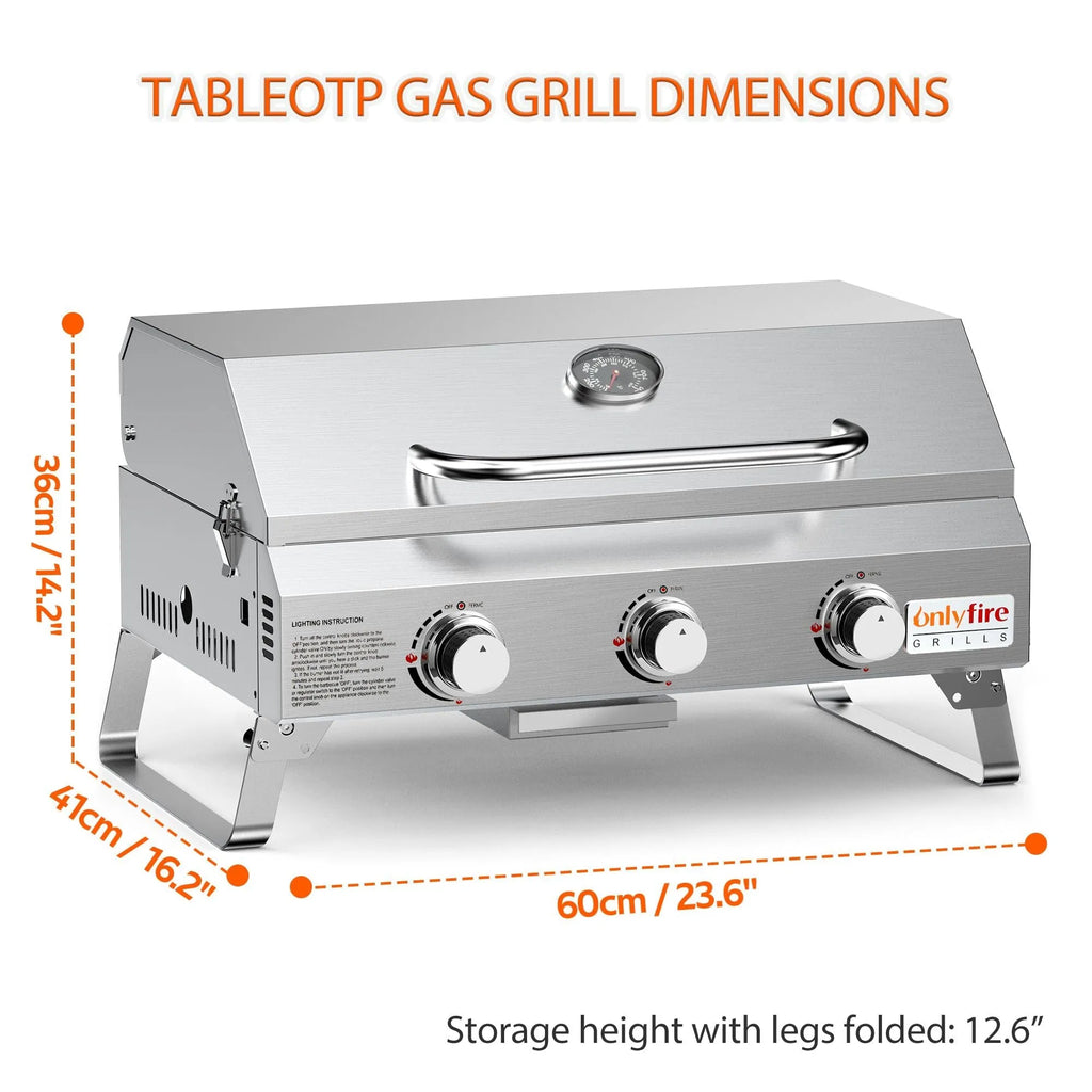 Silver desktop gas barbecue grill with three stainless steel burners and foldable legs