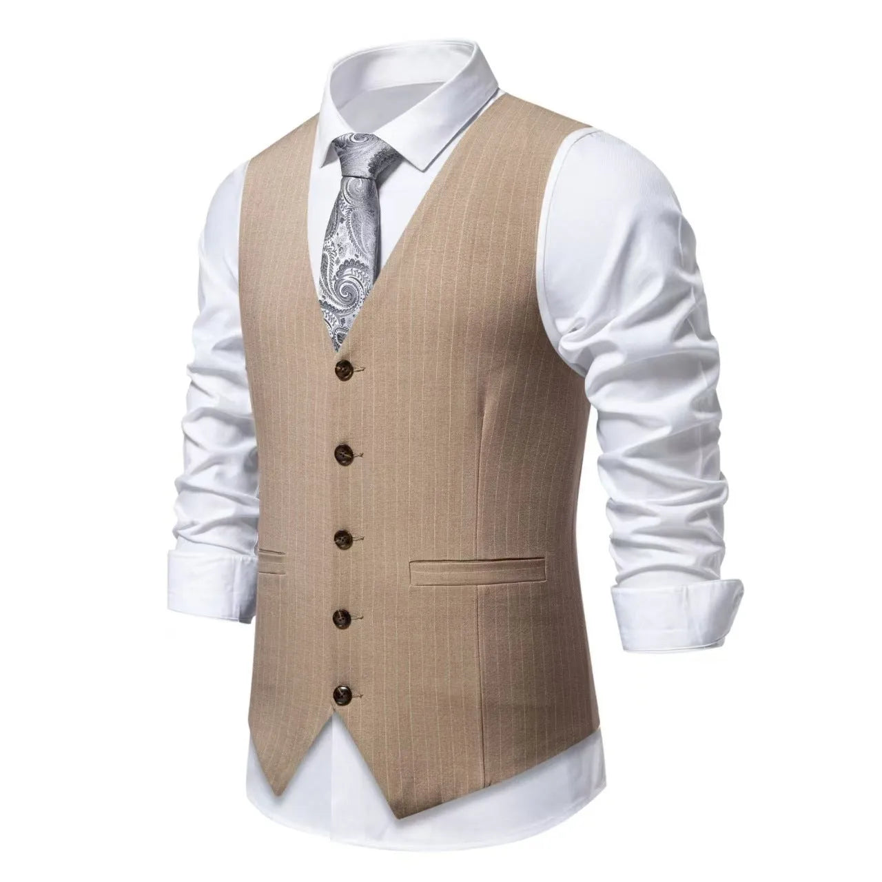 Men's striped suit vest in non-iron polyester with miter bottom hem for business formal wear