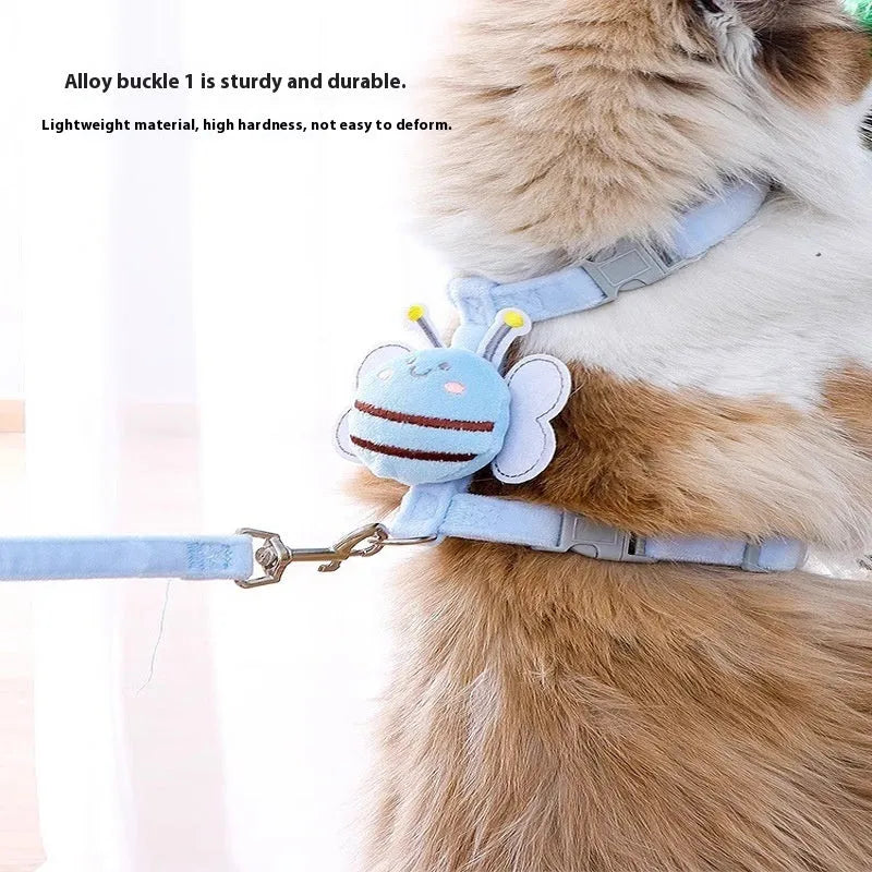 Bee shape cat harness and lead set in blue colour with hand strap for outdoor use