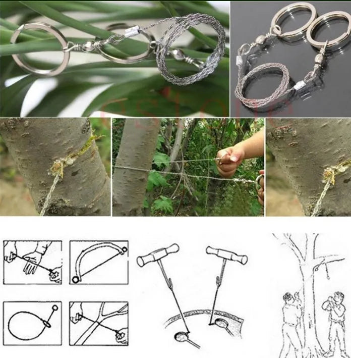 Survival wire saw tool with stainless steel blade and pull rings for outdoor cutting