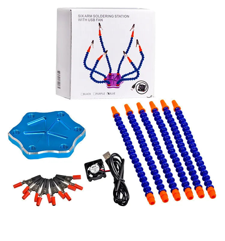 Black aluminium six-jaw welding station with seven adjustable arms for model repair soldering