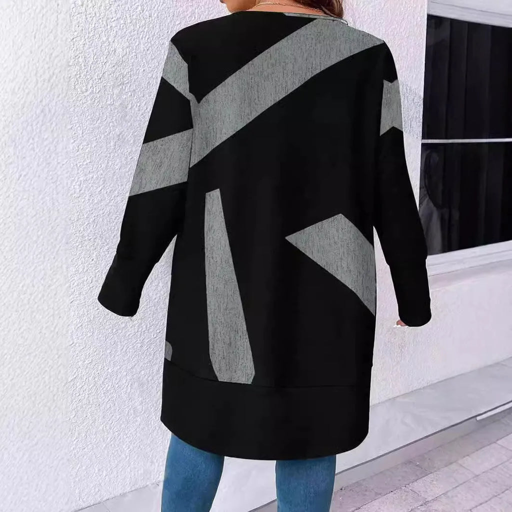 Black plus size cardigan coat with button stitching printing and loose casual fit