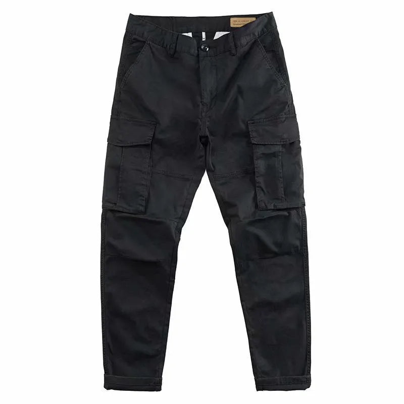 Men's multi-pocket cotton work trousers in solid colour, cropped length, available in khaki