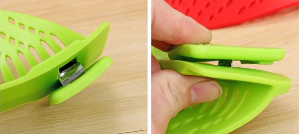 Silicone clip-on colander with stainless steel buckle attached to a pot, draining liquid, available in four colours.