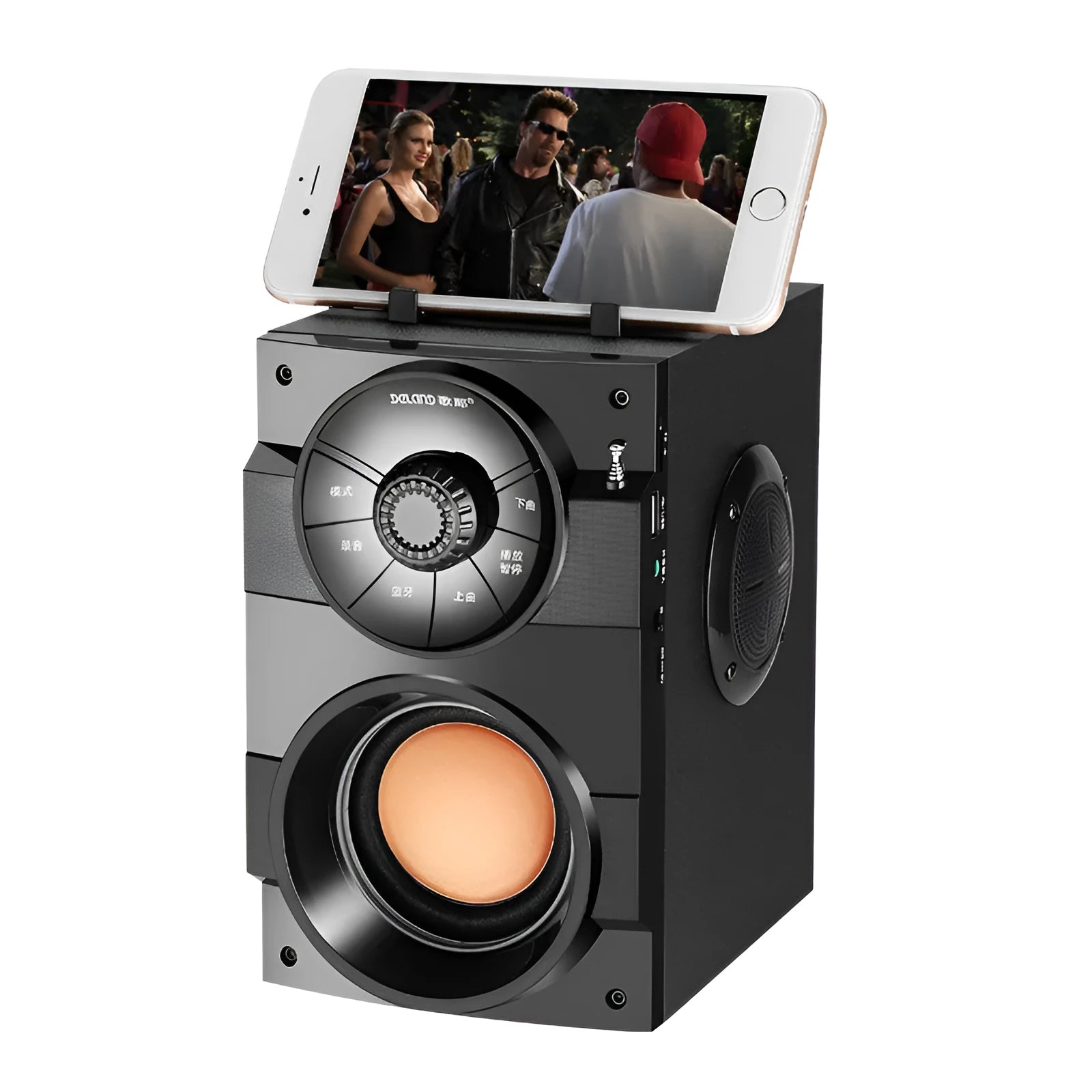 Black portable mini home audio system with subwoofer, 3.5mm audio cable, and USB charging cable.