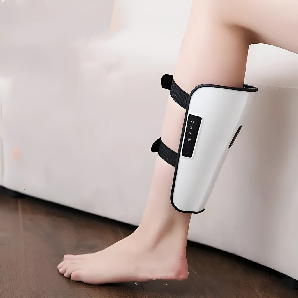 White plastic pulse calf massager with mechanical controls for infrared physiotherapy and electrotherapy leg massage