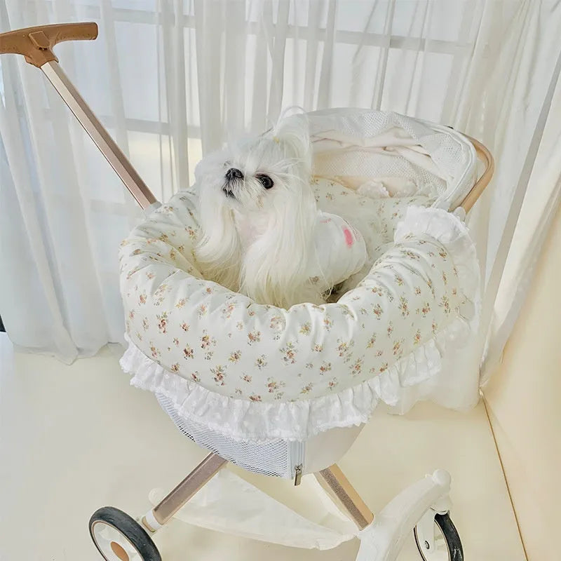 Pure cotton pet stroller set showing removable towel, cushion, and pillow in a floral pattern.