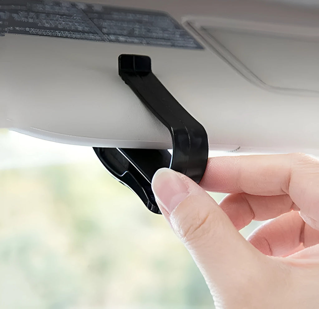 Black plastic car sun visor clip organiser for holding glasses and cards