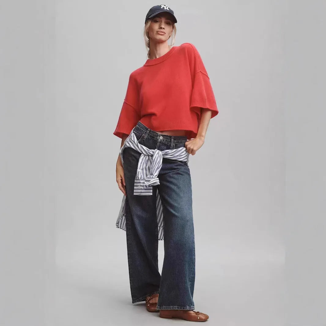 Red short t-shirt on a model showing exposed navel detail, style example for white colour option also available.
