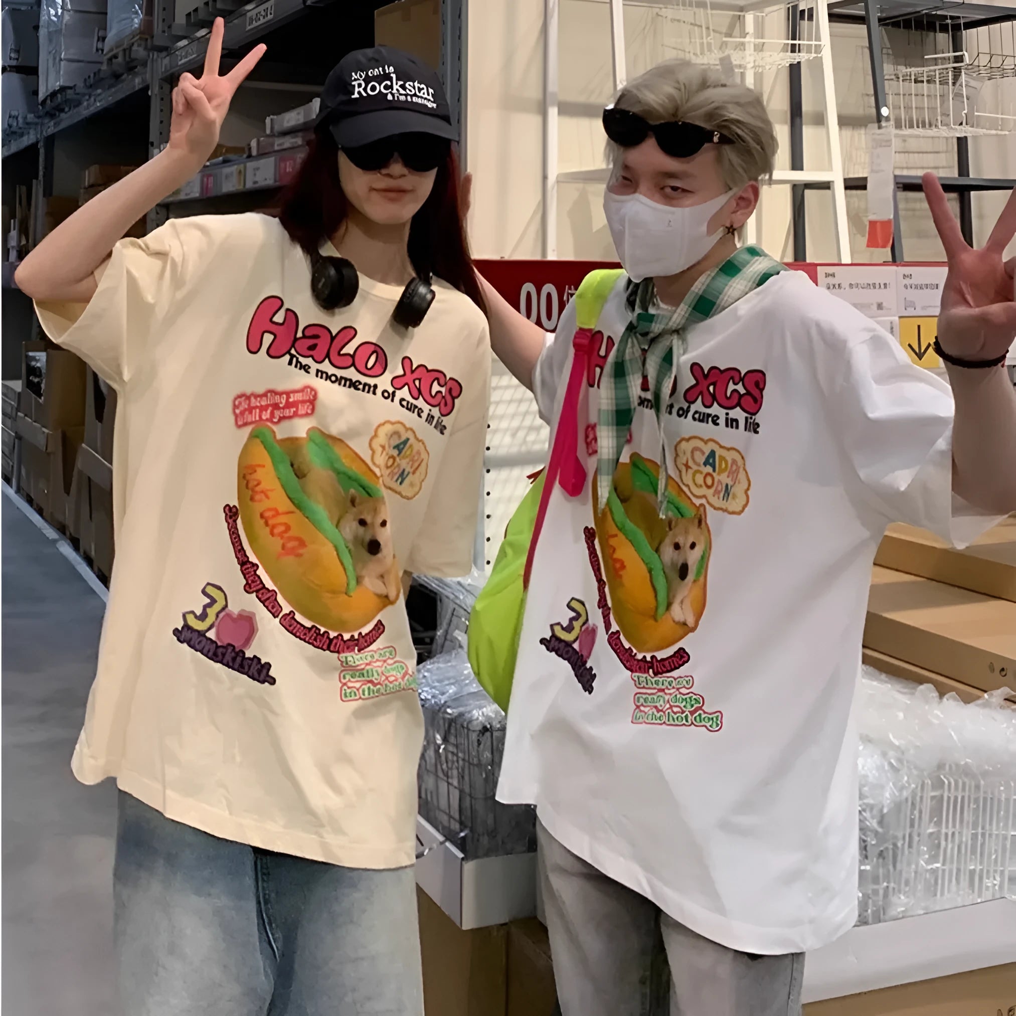 Cartoon hamburger dog printed loose fit T-shirt in apricot, sky blue, or white.