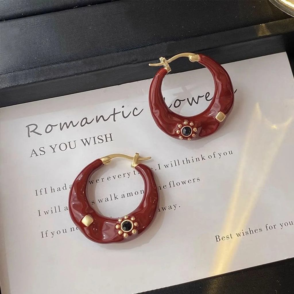 Hong Kong style retro rhinestone ear studs with dripping oil finish in black and red colours