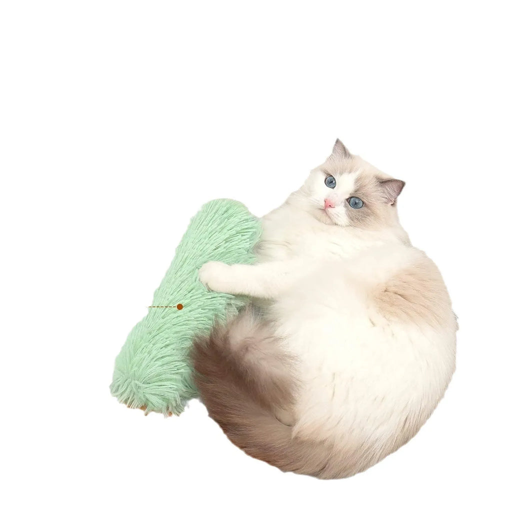 Blue plush cat toy pillow measuring 27cm long on a neutral background.