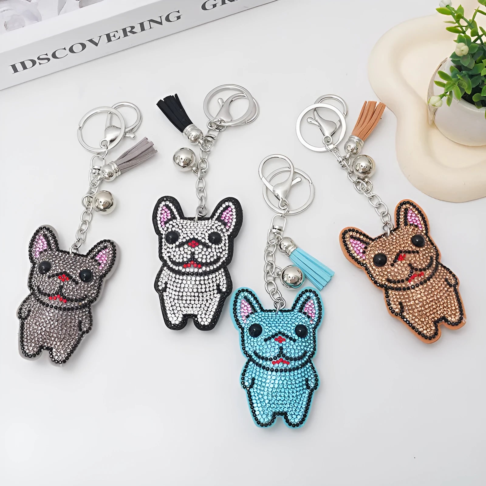 French dog rhinestone keychain with 5-7cm electroplated alloy animal charm in caramel colour
