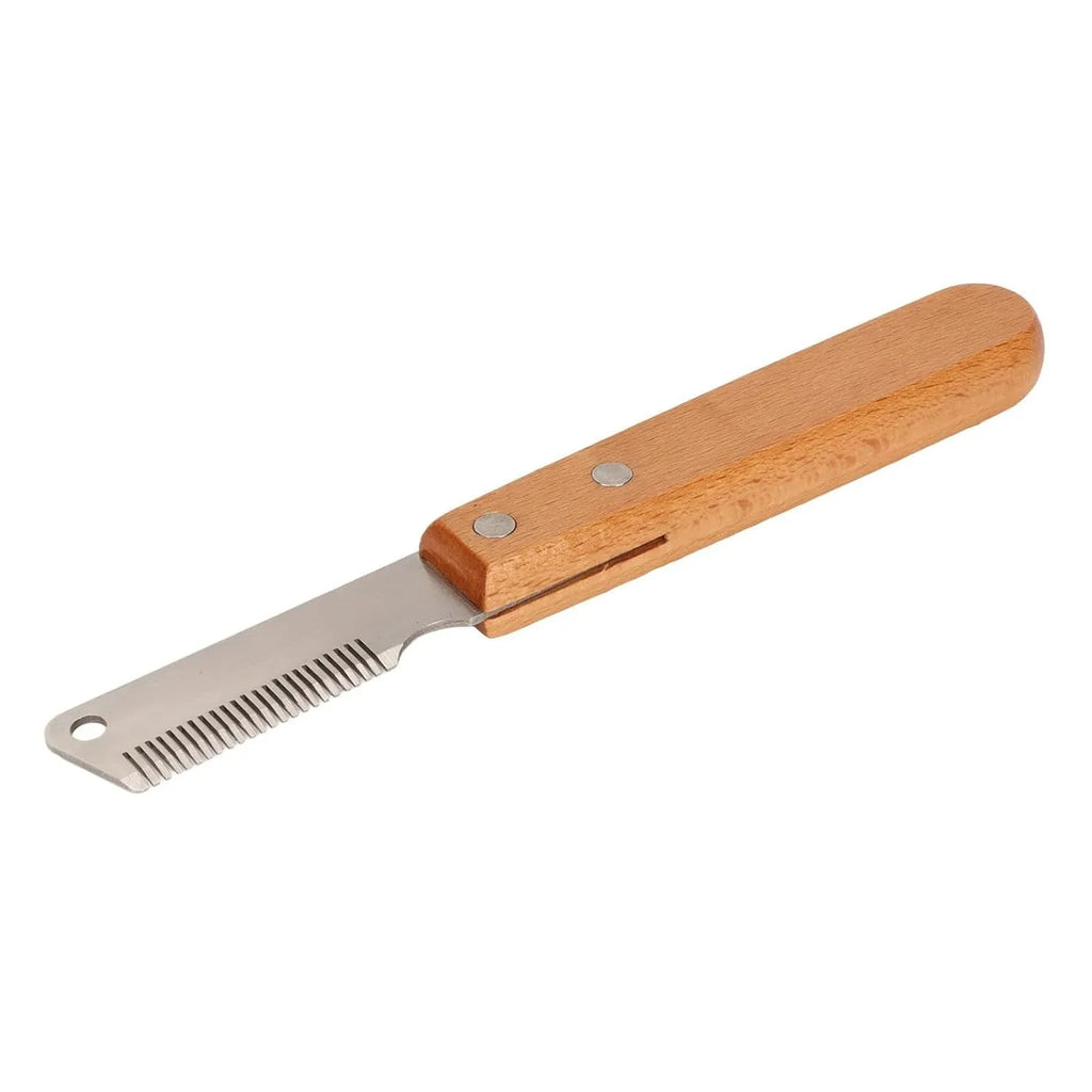 Pet stripping comb with metal blade and wooden handle for grooming dogs and cats
