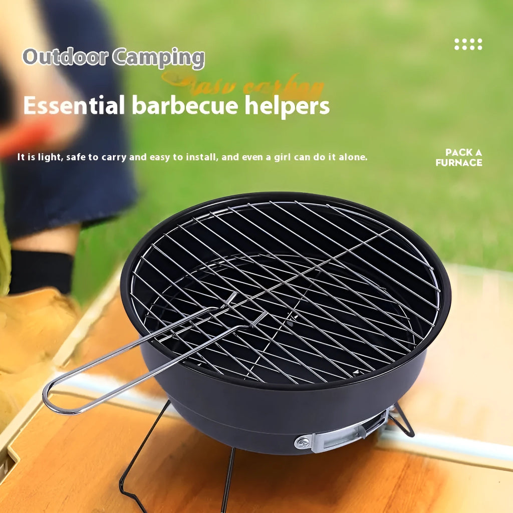 Small portable folding round ice stove barbecue grill set with mesh, legs, and clip on a grey background.