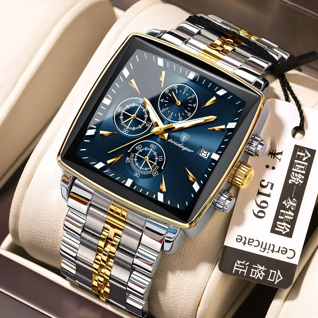 Men's square business watch with stainless steel strap in a gold and blue colour combination.