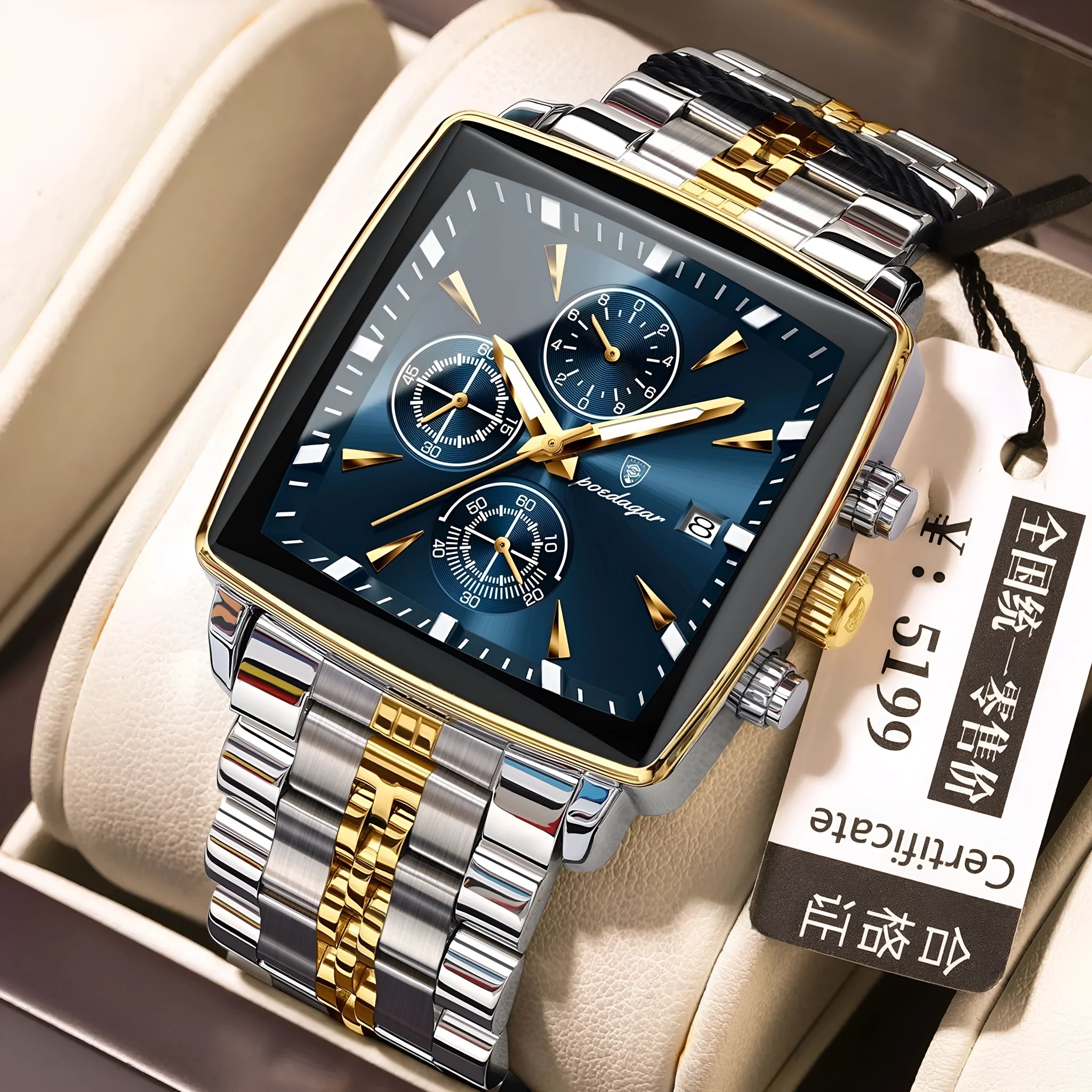 Men's square business watch with stainless steel strap in a gold and blue colour combination.