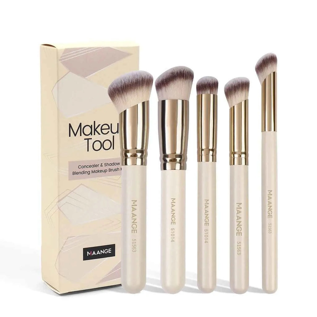 Five angled makeup brushes with apricot handles for powder, foundation and blush application