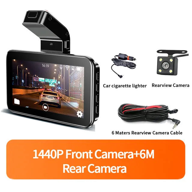 3-inch car DVR with dual lens recording system showing front unit and separate camera for rear recording