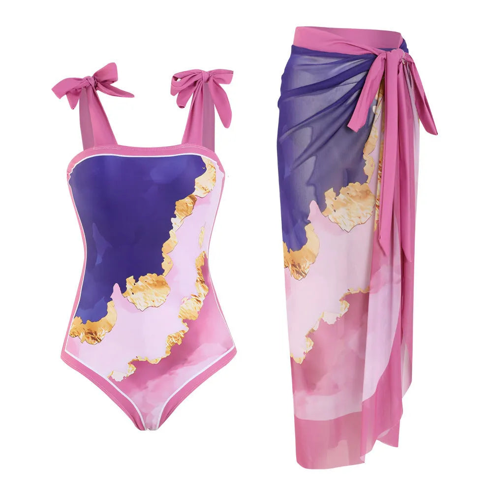 Floral print one-piece polyester swimsuit with matching skirt, sleeveless, available in brown printing