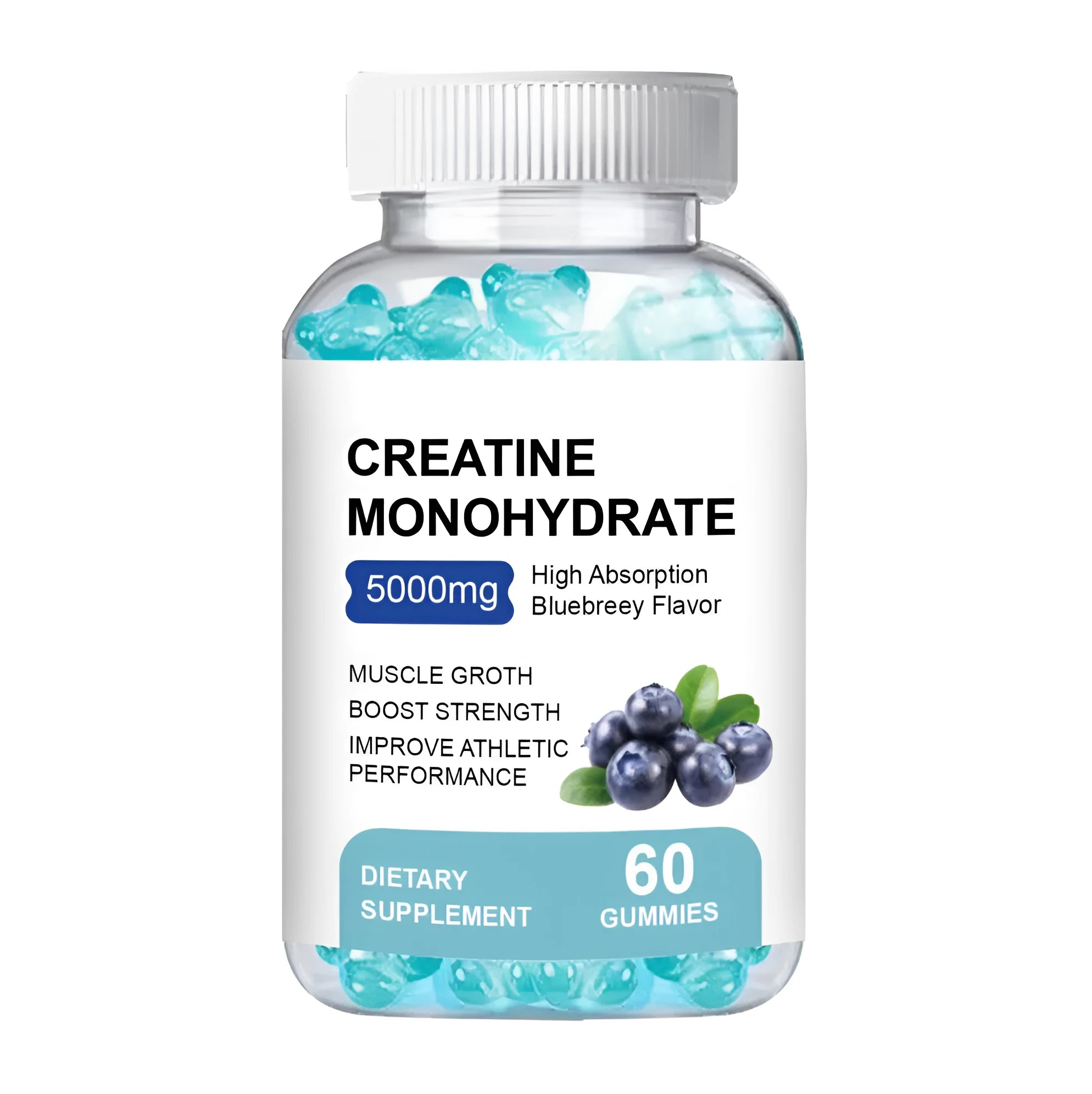 Jar of 60 chewable creatine monohydrate supplement gummies.