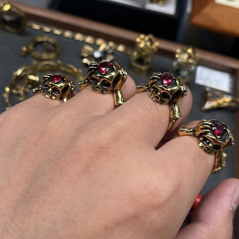 Adjustable copper electroplated skull ring with retro geometric design for men and women