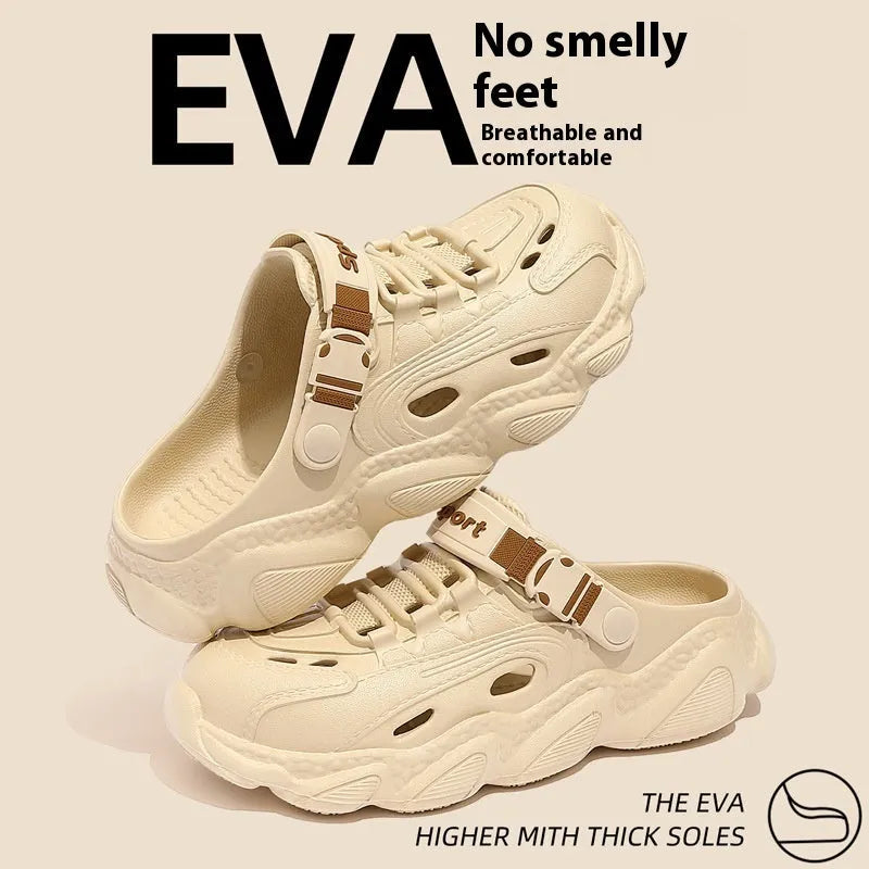 Men's khaki outdoor summer slippers with hollow-out breathable design and textured EVA sole