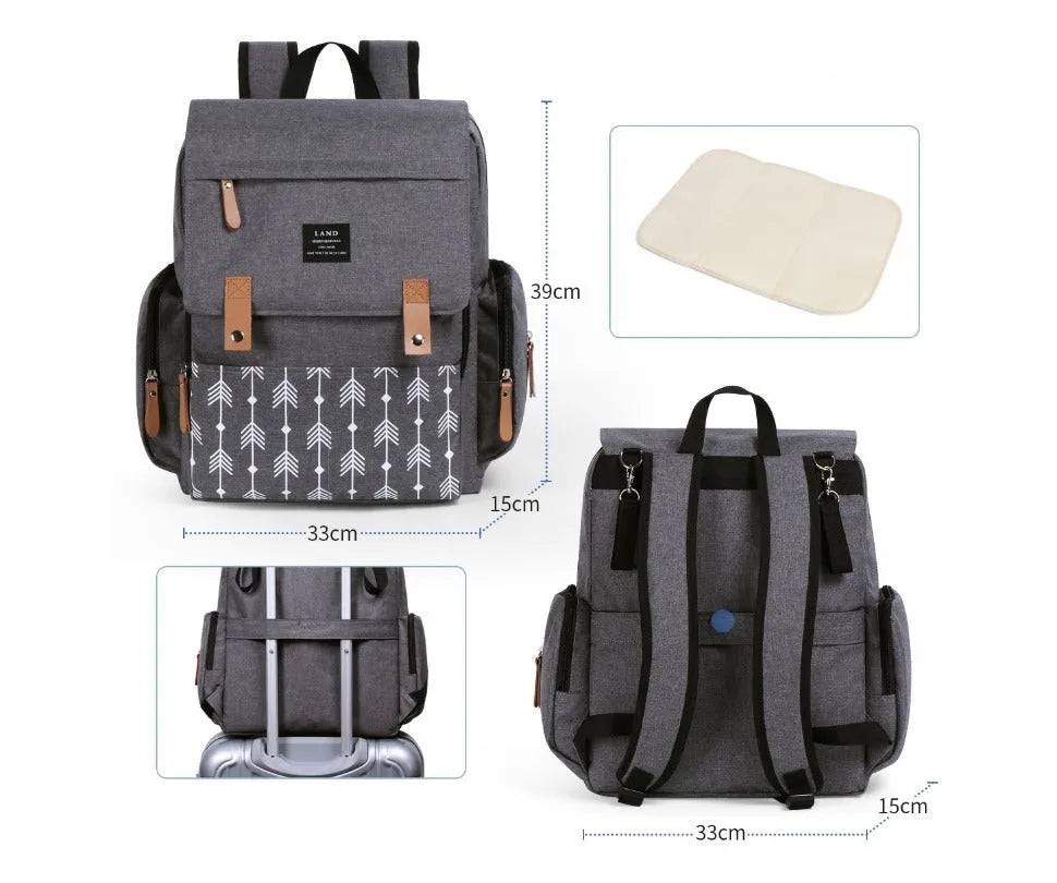 LAND Mommy Diaper Backpack in oxford cloth with changing mat, shown in grey colour.