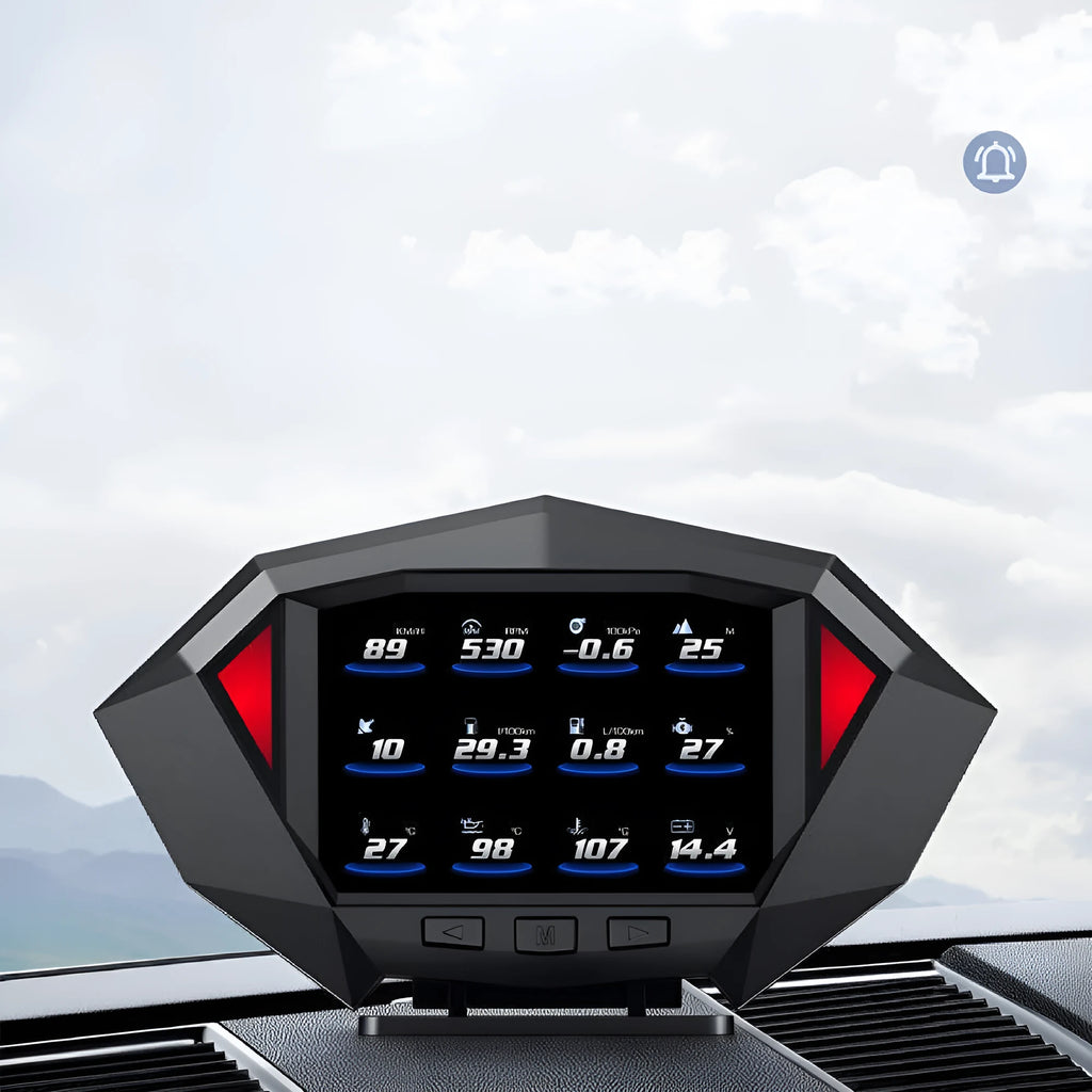 P1 model black car head-up display unit on dashboard with OBD cable