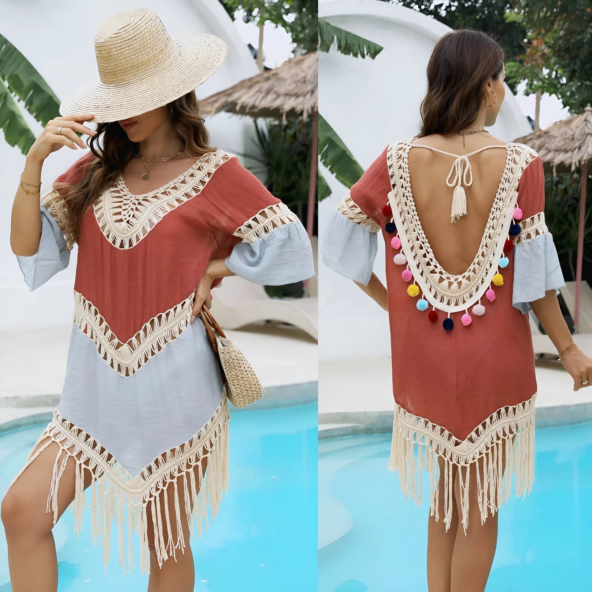 Orange floral beach overskirt with hand crochet stitching and bamboo cotton tassel details