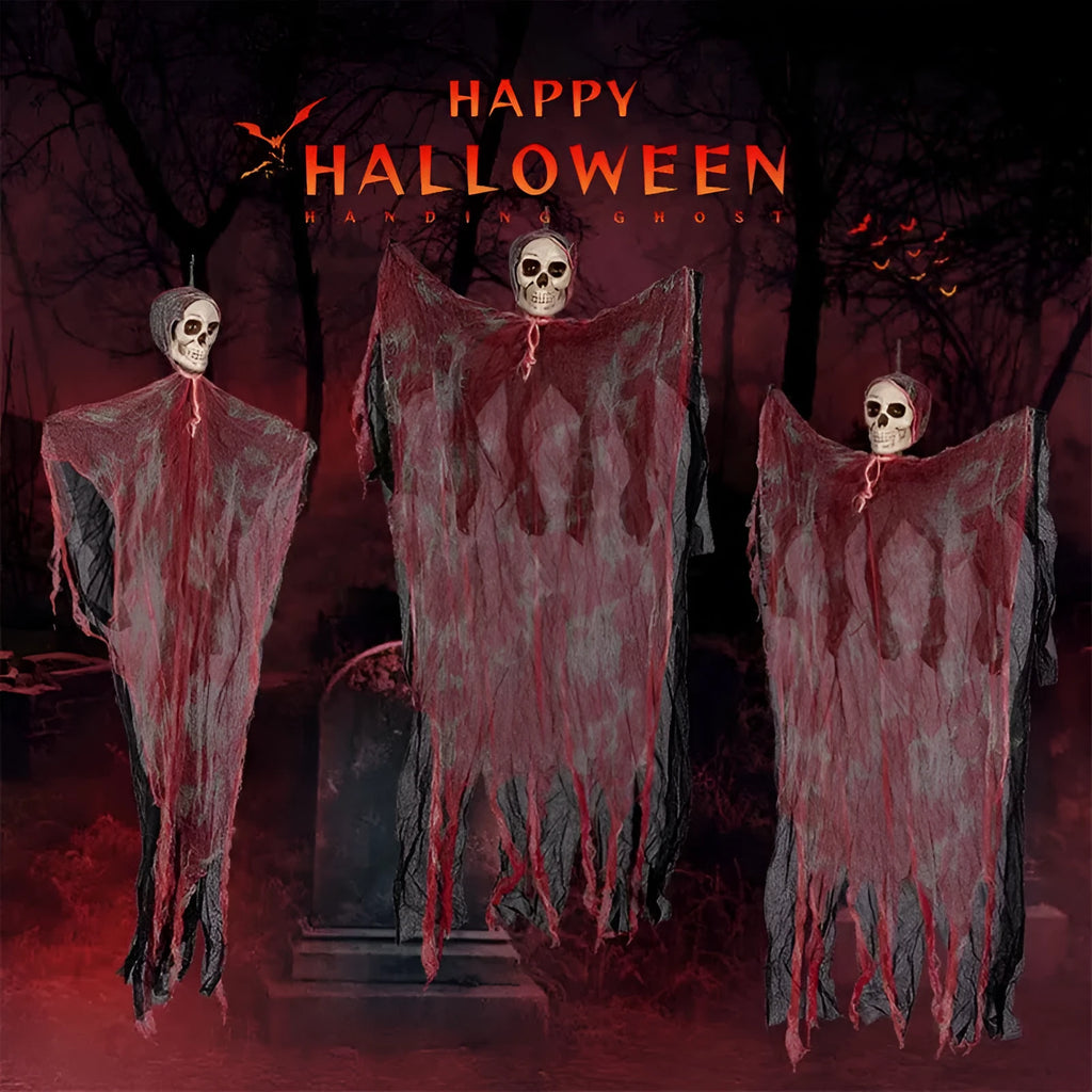 Halloween hanging ghost pendant with dyed blood effect skull decoration on a tree branch