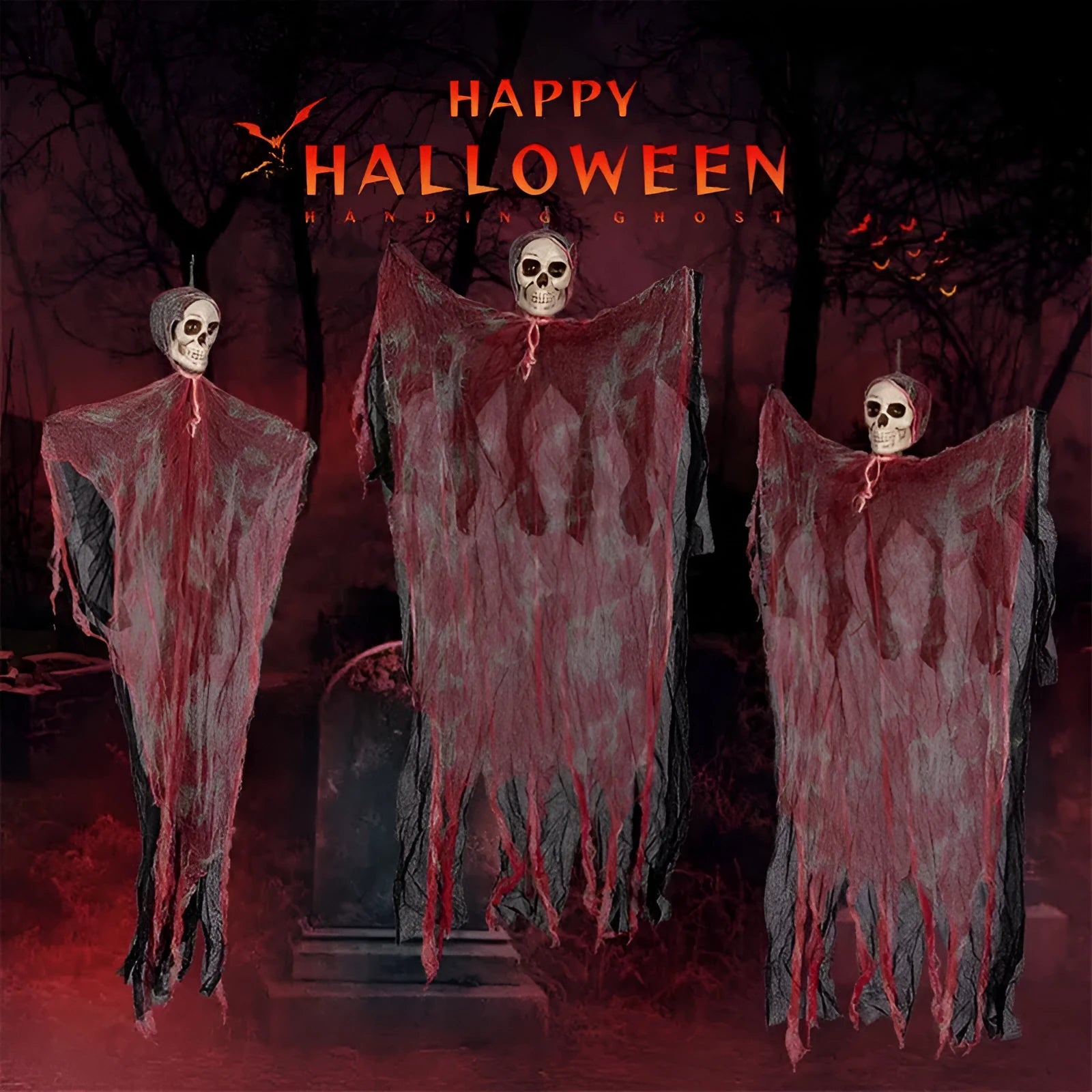 Halloween hanging ghost pendant with dyed blood effect skull decoration on a tree branch