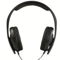 Black wired head-mounted monitor headphones with attached microphone and 3.5mm plug on white background